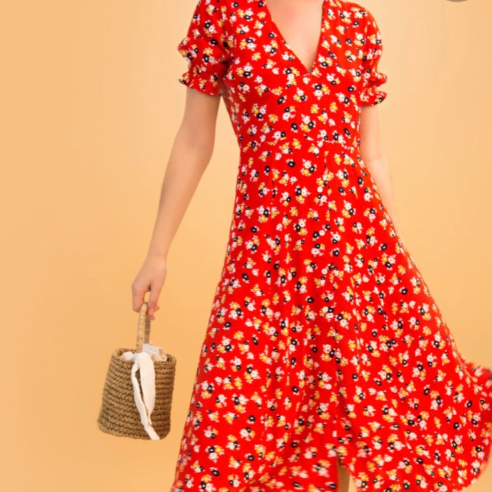 FAITHFULL THE BRAND Ari Midi Dress Jasmine Red Floral {VV10}